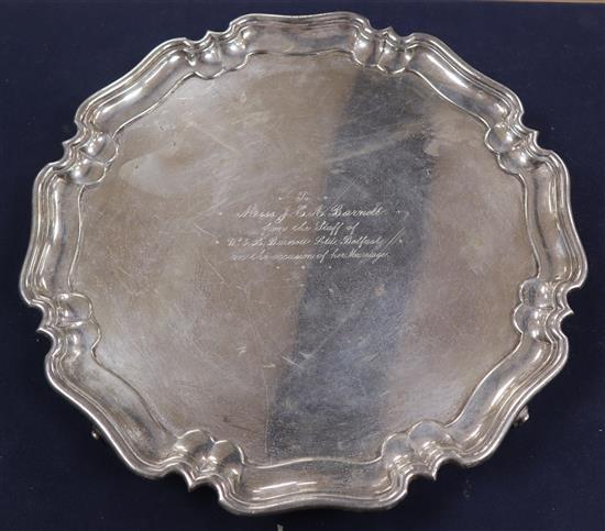 A George V silver salver with engraved inscription, Atkins Brothers, Sheffield, 1932, 48 oz.